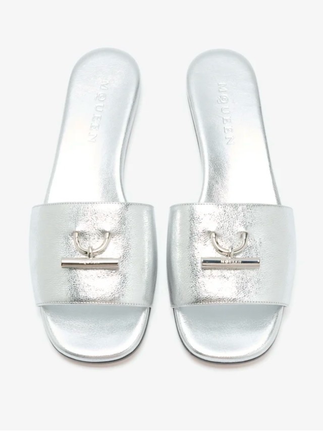 Alexander Mcqueen Silver Metallic Slide Mules With Bar Hardware